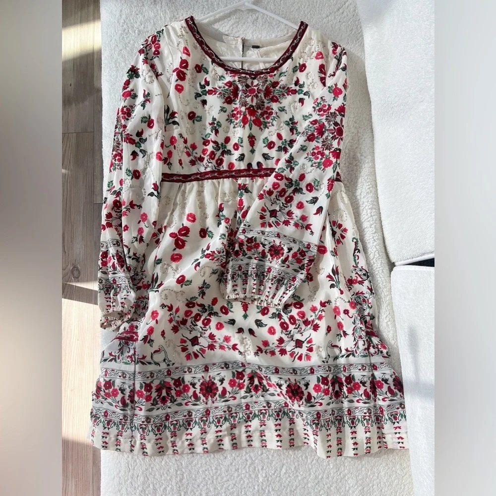 Free People Red Floral Embroidered Long Sleeve Dress - Size 8 - Picture 7 of 11